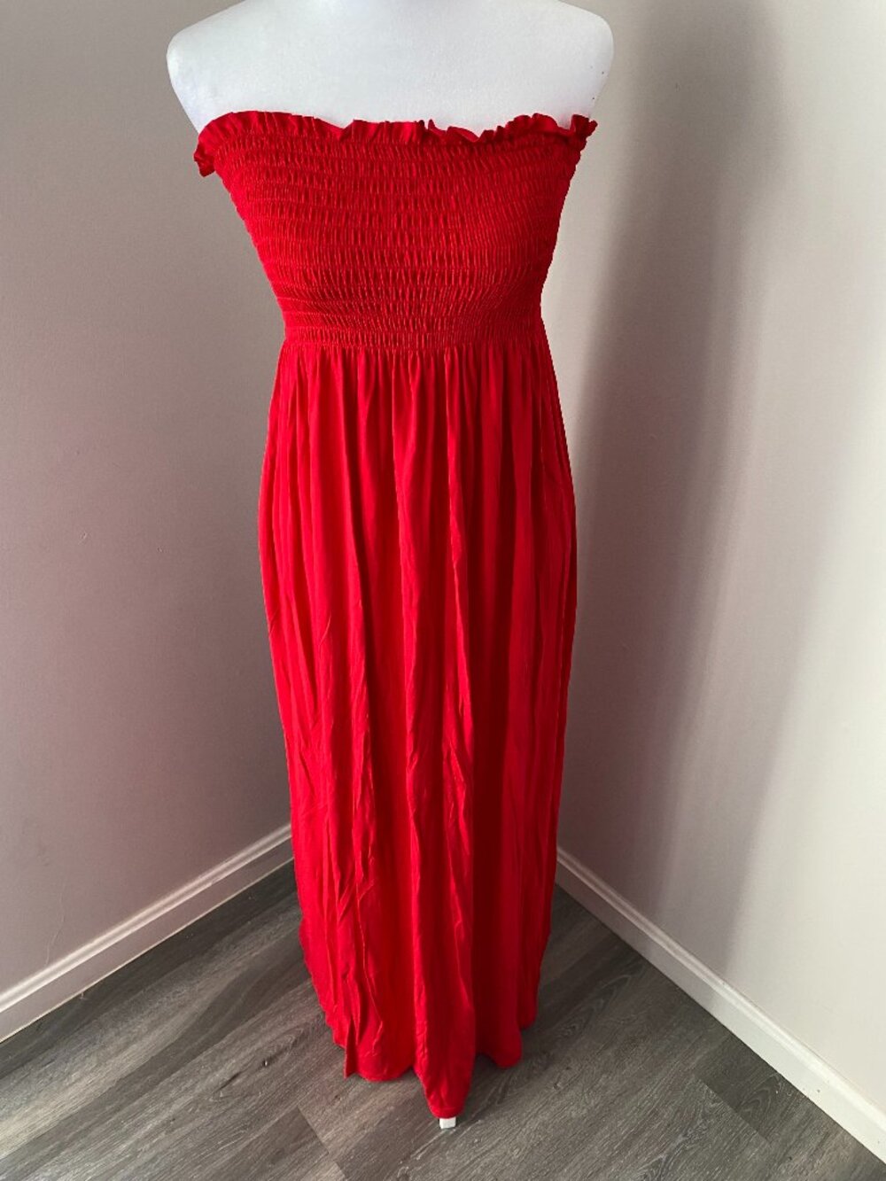 Red Shirred Maxi Dress